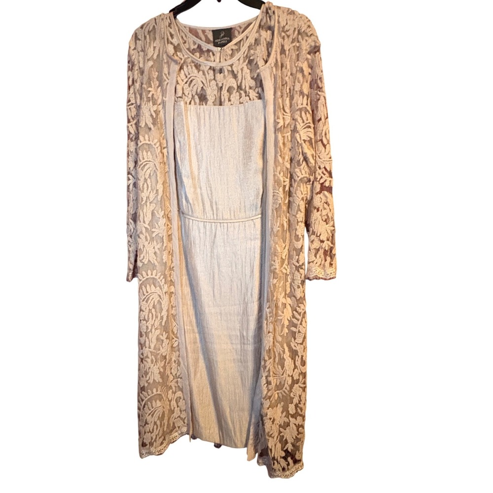 Adrianna Papell Champagne Metallic Sheath Dress and Lace Duster Set Mens Womens